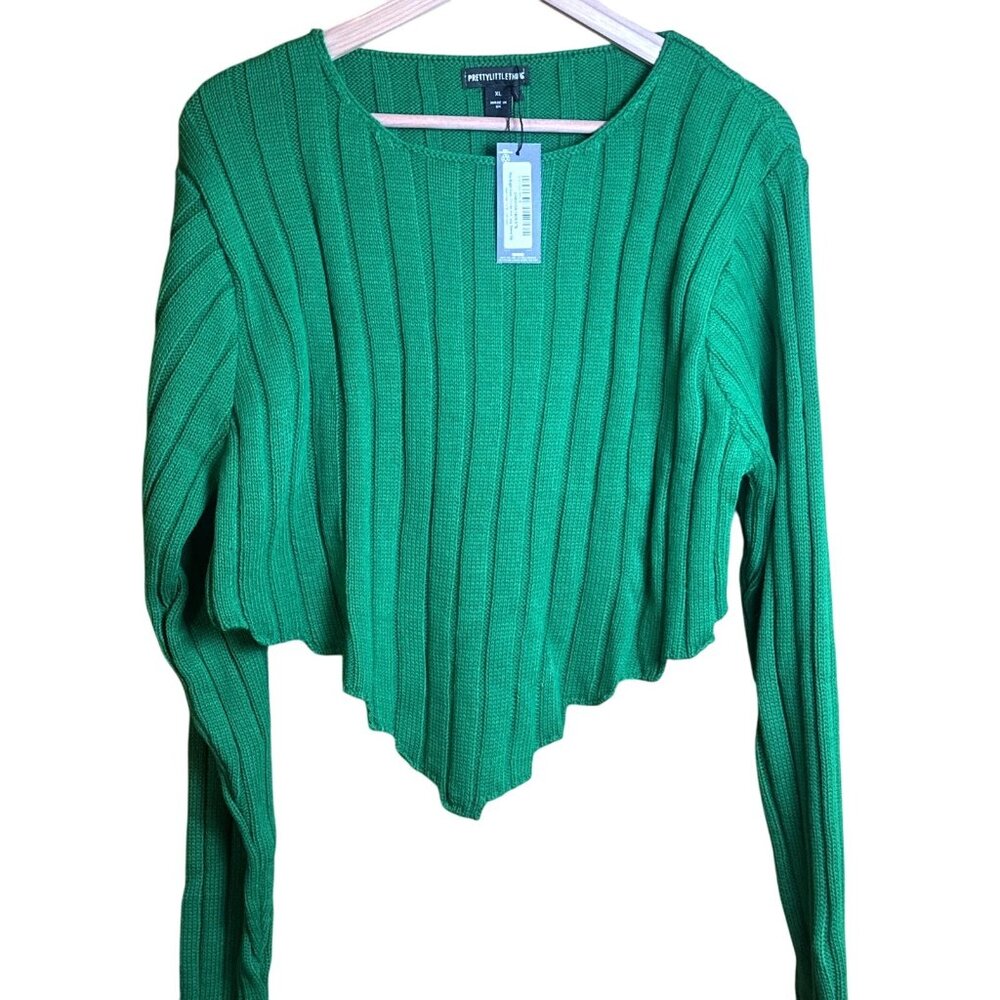 NWT~Pretty Little Thing  Sz XL Cropped Cable Knit Dip Hem Sweater KELLY GREEN